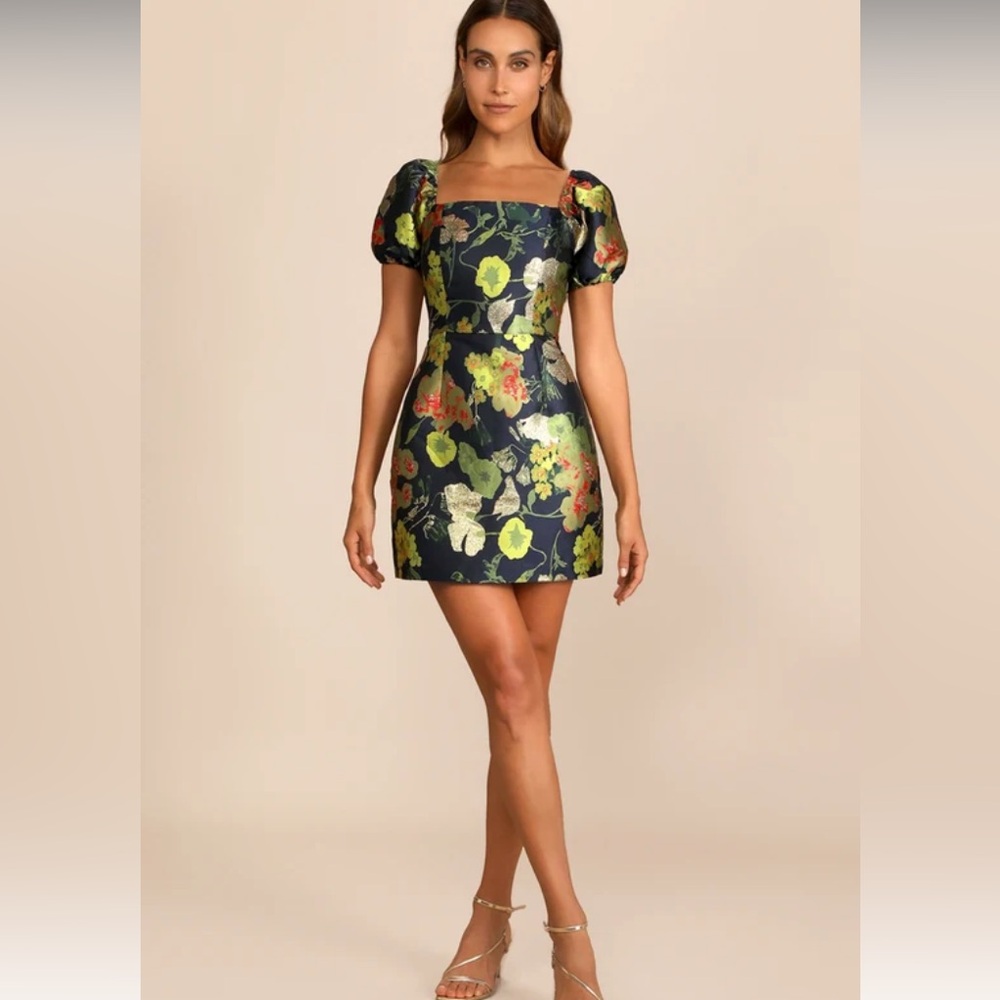 So Stunning Navy Blue Floral Jacquard Puff Sleeve Mini Dress from Lulus - Picture 3 of 6